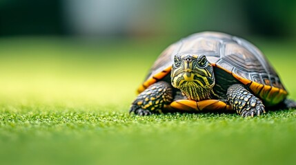 Closeup of a serious turtle resting on a vibrant green grass lawn in the park with a beautifully blurred background scenery