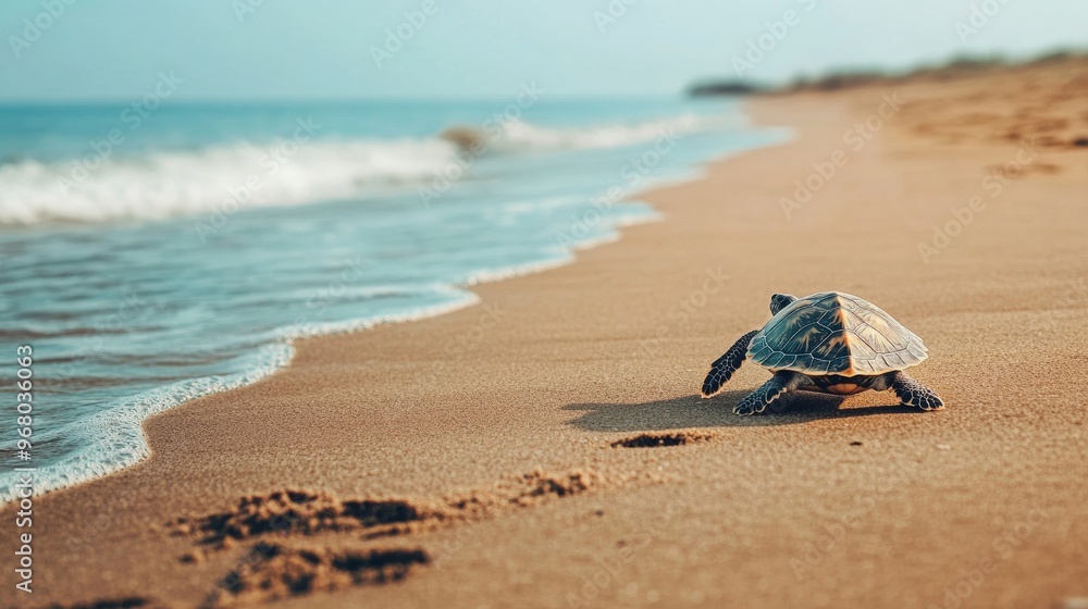 Graceful sea turtle gracefully crawling on a pristine sandy beach under ...