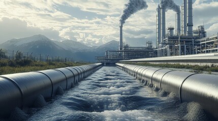 Industrial Facility with Water Pipelines Over River for Factory Processes and Energy Production