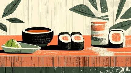 Wall Mural - Promotional illustrations depict sushi rolls and condiments elegantly arranged on a textured table with minimalist decor