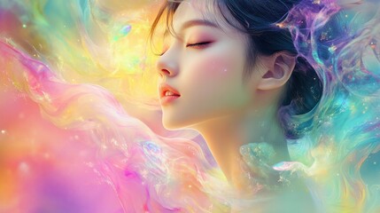 Canvas Print - A Woman's Face Surrounded by Swirling, Pastel-Colored Abstract Shapes