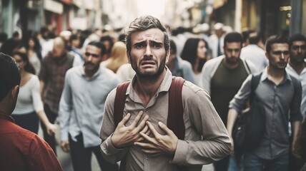 A Young Man Struggles with Overwhelming Anxiety While Navigating Through a Crowded and Bustling City Street Scene