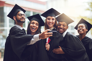 Poster - Graduation, university and selfie of students with smile for celebration, achievement and success in education. Photography, friends and happy people on college campus with diploma at award ceremony