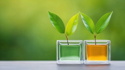 Sticker - Green Leaves in Glass Vases Against Blurred Green Background