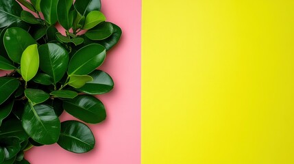 Poster - Lush Green Leaves on Pink and Yellow Background