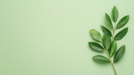 Wall Mural - Green Branch with Leaves on Green Background