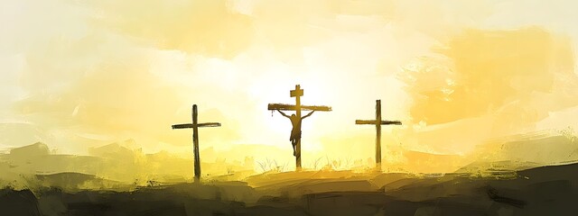  A digital painting of an Easter scene with the silhouette of crosses on top of small hills, against a backdrop of golden and pink sky, symbolizing Jesus' triumph over death