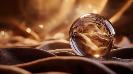 A luxurious crystal ball resting on a velvet surface with soft-focus highlights and reflections in the background