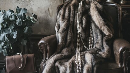 A luxurious fur coat draped over a vintage chair, with a string of pearls and a leather handbag beside it