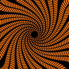 Wall Mural - Psychedelic Halloween spiral pattern. Vector hypnotic optical illusion background black and orange lines twist and turn towards the center with swirled vortex creates a tunnel-like visual effect