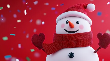 Poster - A snowman wearing a red scarf and hat with confetti, AI