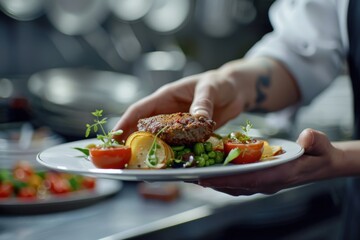 A person is holding a black plate with a salad on it,generative ai image