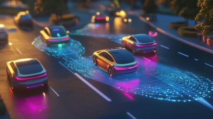 Wall Mural - Autonomous Cars Navigating City Streets with Glowing Trails