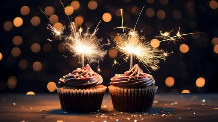 Festive cupcakes with sparklers on a rustic wooden table – perfect for celebrating birthdays and special occasions, featuring bright and colorful toppings with a touch of sparkle


