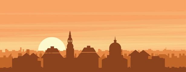 Brown panoramic poster of the city skyline with misty background buildings, sunrise, clouds and mountains of COPENHAGEN, DENMARK