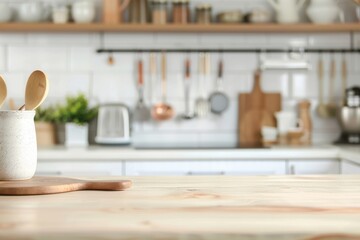 Canvas Print - A kitchen with a wooden cutting board and a bowl of food on it,generative ai image