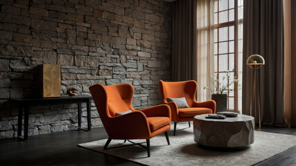 interior of a minimalist and elegant living room with two orange armchairs and a coffee table in front of a stone wall