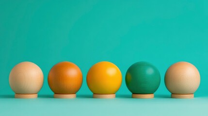 Wall Mural - Row of colorful wooden spheres on teal background