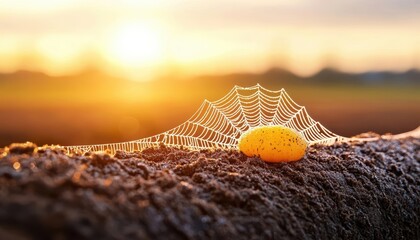 A vibrant spider web adorned with a yellow droplet captures the golden light of sunrise, showcasing nature's intricate beauty.