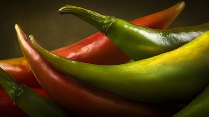 Vibrant Chili Peppers in Earthy Hues - A close-up photograph showcasing an assortment of colorful chili peppers in various shades of green,red,and yellow.