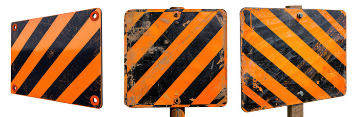 set of a construction zone sign with orange and black stripes on a transparent background