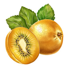 A single golden kiwi with one half sliced open, revealing the green flesh and black seeds, along with two leaves.