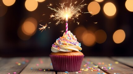 Wall Mural - Delicious birthday cupcake on table with light background for festive celebrations and sweet treat inspiration

