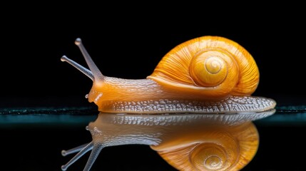 A snail is sitting on a black surface with its reflection, AI