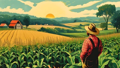 Wall Mural - Vibrant vintage illustration of a farmer surveying expansive cornfield, embodying the essence of agriculture and the farming lifestyle for banners and posters