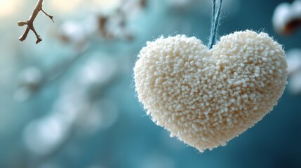 Heart-shaped wool ornament on a branch, soft focus background. Cozy winter and love concept