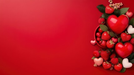 Sticker - Romantic Valentine's Day Background with Red Hearts and Strawberries