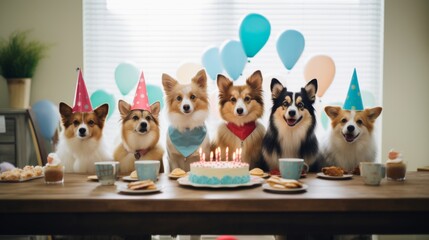 Adorable jack russell terrier celebrating a birthday with party hat, balloons, and festive cake at outdoor dog birthday party


