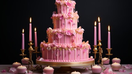 Wall Mural - Extravagant pink tiered birthday cake decorated with multiple gold candles, perfect for celebrations and special occasions, capturing a festive and luxurious party atmosphere with elegant cake design 