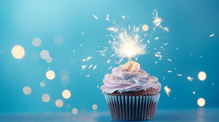 Festive fresh cupcake with sparkler on bright blue background, perfect for birthday celebrations, party invitations, and special event themes.


