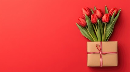 Sticker - Red Tulips and Gift Box on Red Background