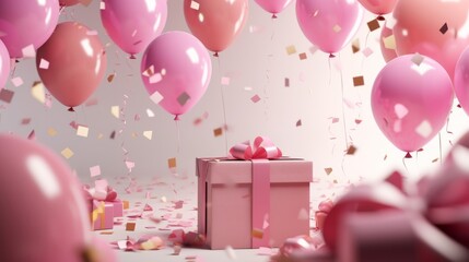 Wall Mural - Festive birthday background with pink balloons, gift boxes, and colorful confetti in 3d render for celebratory events


