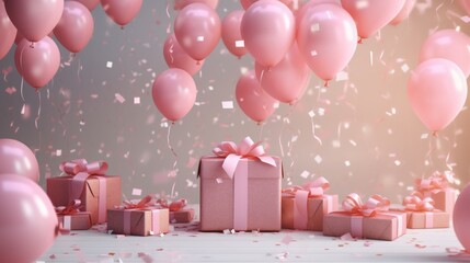 Wall Mural - 3d render of festive birthday scene featuring gift boxes, pink balloons, and colorful confetti on a vibrant background – perfect for party invitations and celebration themes


