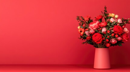 Sticker - Red Flower Bouquet in a Vase on a Red Background