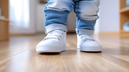 Sticker - A close up of a child's feet wearing white sneakers on the floor, AI