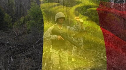 Poster - Animation of flag of belgium over caucasian male soldiers with rifle