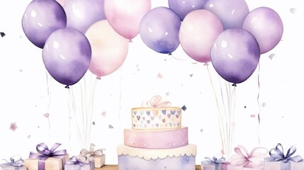 Wall Mural - Festive birthday celebration with colorful watercolor balloons, streamers, and gift boxes for party invitation or greeting card design, holiday theme


