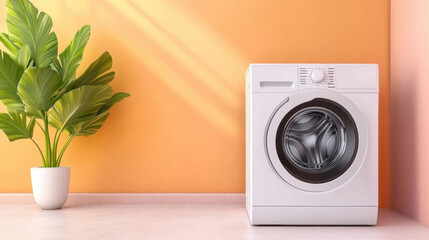 Wall Mural - A washing machine is sitting next to a potted plant, AI