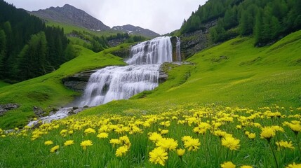 Sticker - A waterfall cascading down a hillside with yellow flowers, AI