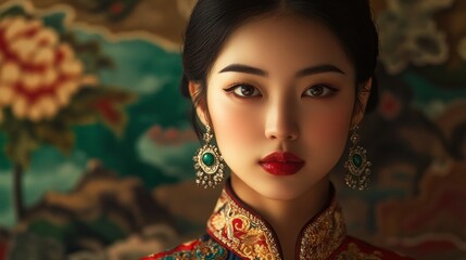 Portrait of a Woman in Traditional Chinese Clothing with Intricate Jewelry