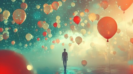 Poster - Man Walking Under Balloons and Confetti in Dreamlike Scene