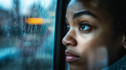 Woman train passenger face as she looks out the subway window, absorbed in the scenery passing by. businesswoman's face and headshot near a window, indicating profession and job. Raining outside