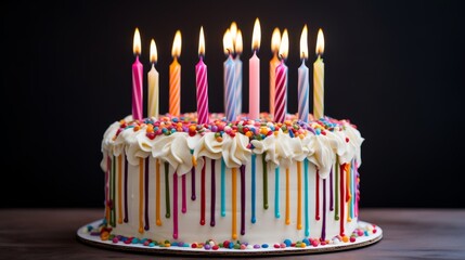 Wall Mural - Striped buttercream birthday cake with colorful candles and sprinkles on festive tabletop celebration