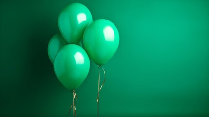 Wall Mural - Stylish birthday party or holiday celebration with three green balloons on a green background, hand holding bright colorful balloons, indoor greeting card or invitation with copy space for text

