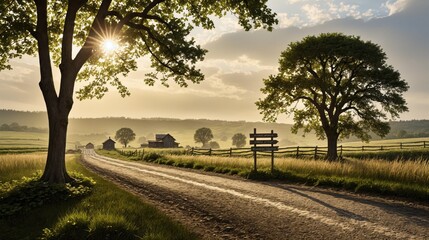 Generative AI, A black-and-white rural landscape with a dirt road winding through fields, accompanied by a signpost under a dramatic sky, evoking a sense of solitude and timelessness