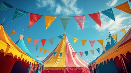 vintage circus design, brightly-hued circus tents adorned with flags and banners evoke a retro aesthetic, creating a vibrant and lively atmosphere for the show